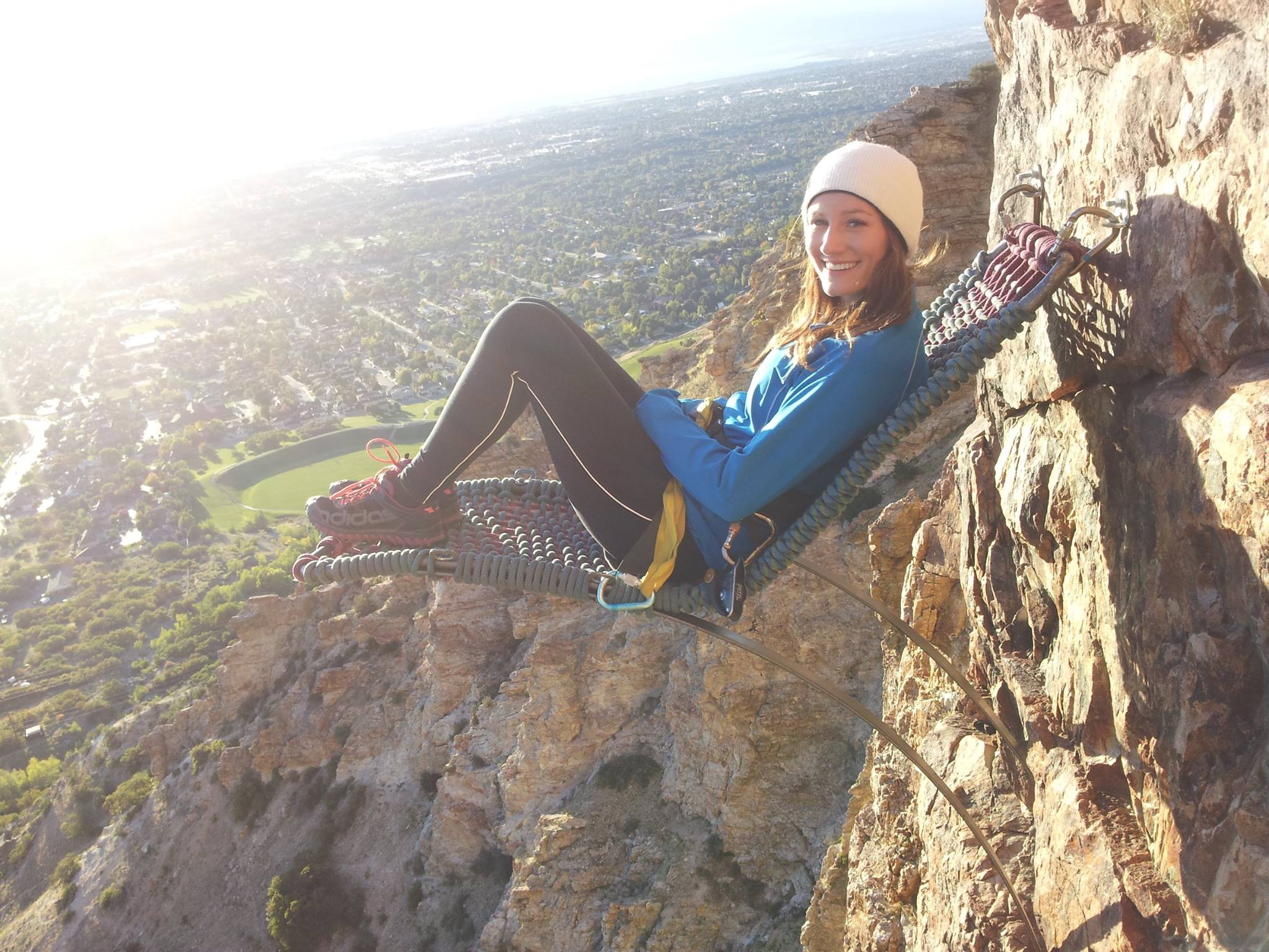Built by Dallin Smith. "Had some retired climbing rope laying around. I made this lounge and placed it 350 ft up."