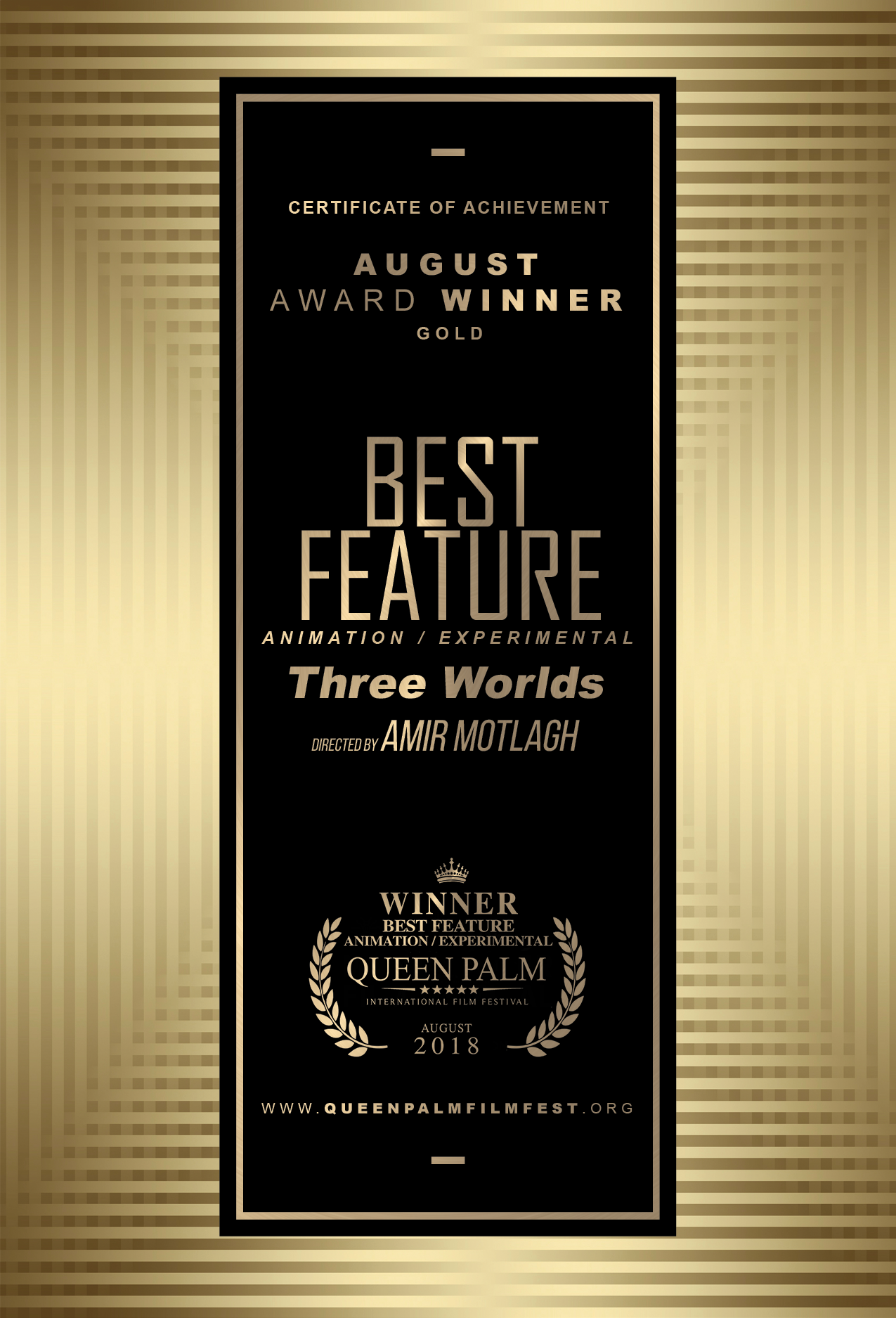 QPIFF Gold Award Winner Certificate - Best Feature - Animation:Experimental - FRONT SIDE.png
