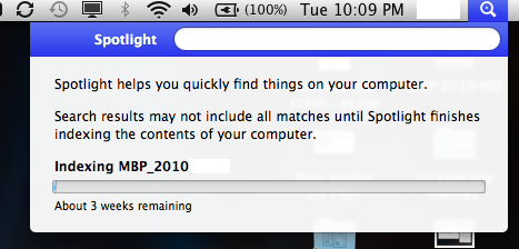 3 more weeks until Spotlight indexing complete