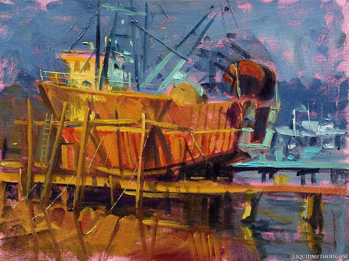 A quick practice sketch with a red undertone. This painting was based from my trip to Cape Ann. Ken DeWaard was nice enough to show me a sweet spot to paint. Unfortunately, the boat dropped first thing in the morning and probably headed back out to s