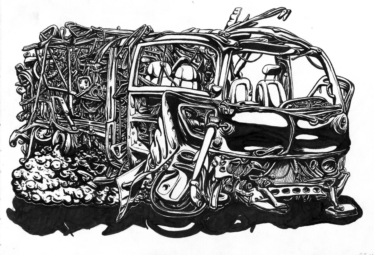 Junk in Trunk, 2012, brush and ink 9" x 12"