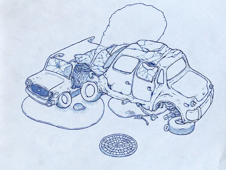 Blue Crash (2008), pen and ink on paper - 9 in. x 11in.
