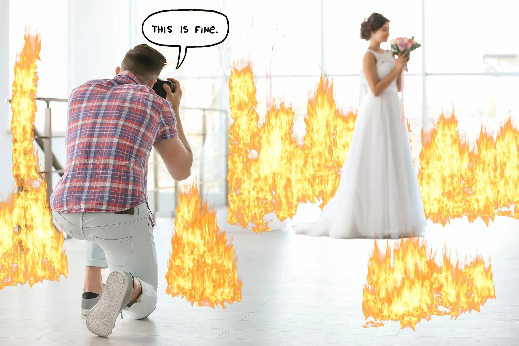 A photo illustration of a wedding photographer taking a picture of a bride surrounded by fire