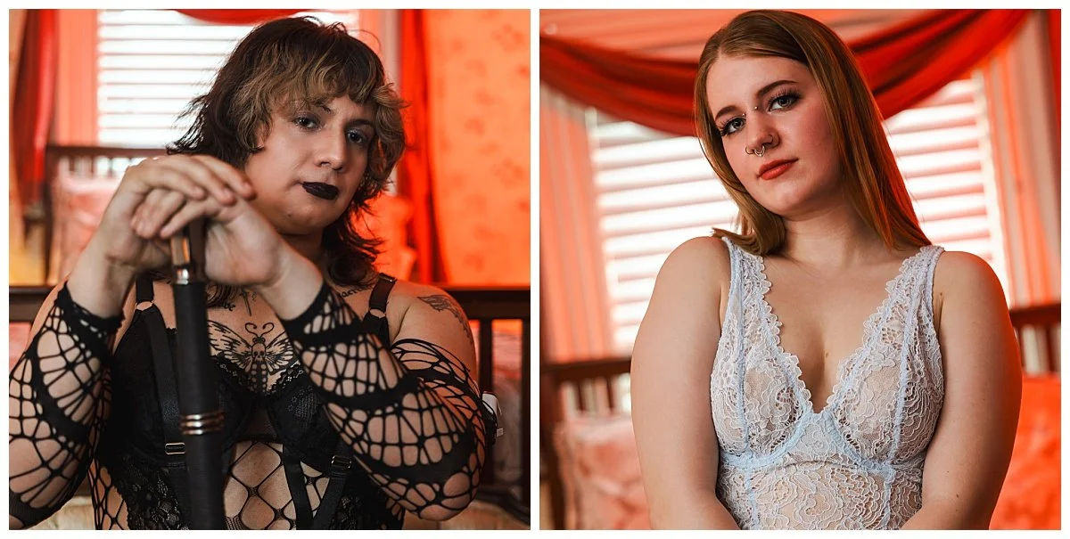 Two photographs of women in lingerie by New England Boudoir photographer Ryan Richardson Photography, one holds a sword