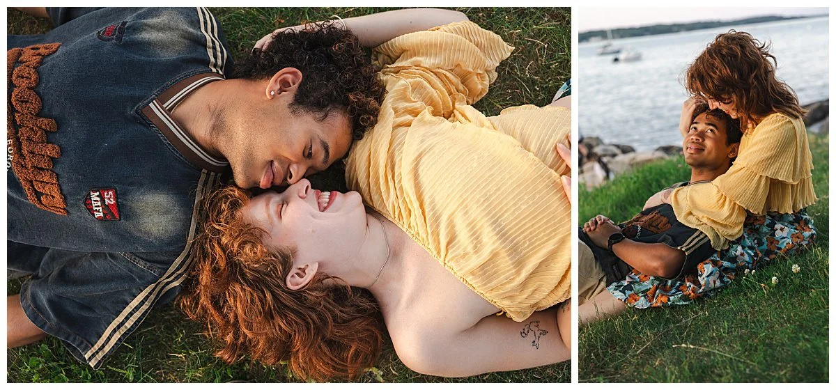 Photographs of an LGBTQ+ couple laying in the grass near the water