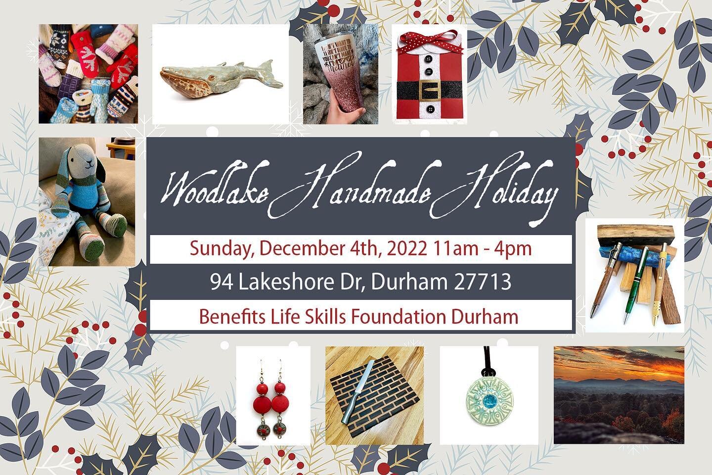 Next Sunday, December 4th come shop  local with your artist neighbors in South Durham!  10 artists, a tarot reader, and a professional chef will have a variety of beautiful work available!  And a portion of proceeds will benefit Life Skills Foundatio