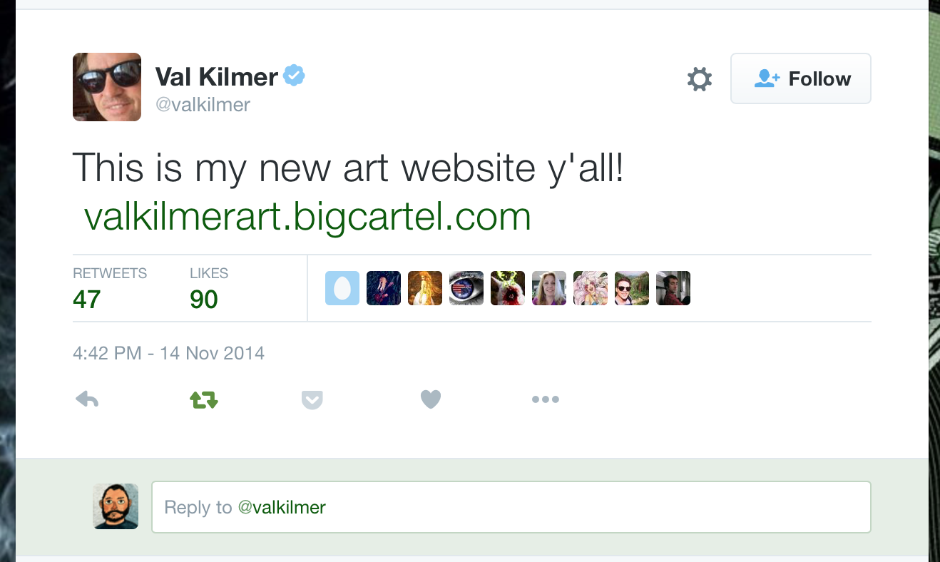 Screenshot of a tweet promoting a new art website with a URL, showing retweets, likes, and profile interactions.