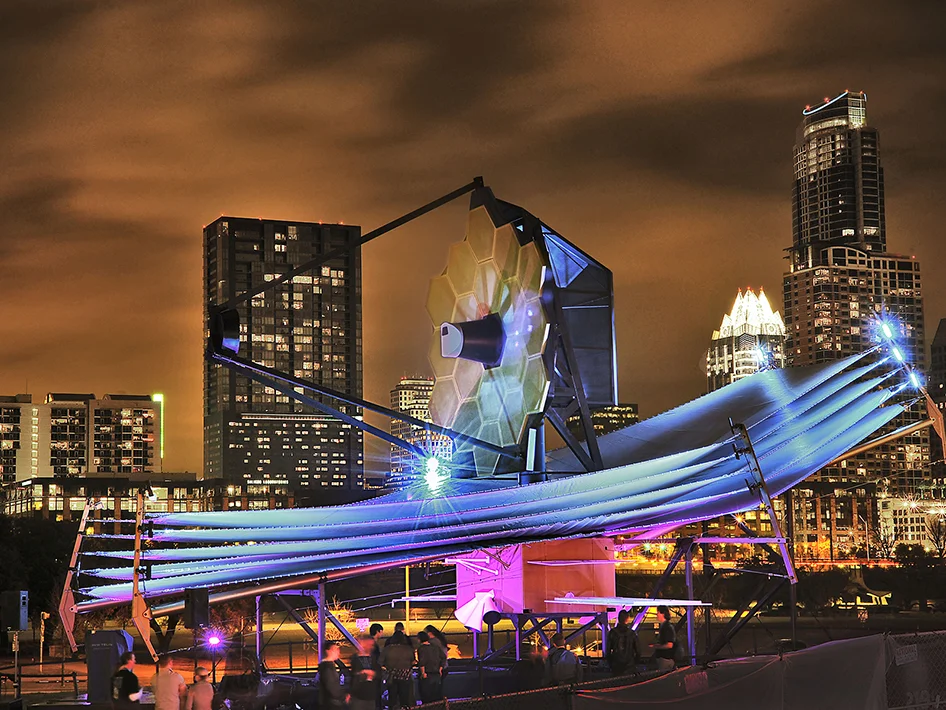As big as a tennis court and as tall as a four-story building, a full-scale model of the James Webb Space Telescope model was on display from March 8-10 at the South by Southwest Interactive Festival in Austin, Texas. NASA's James Webb Space Telescope is the successor to Hubble and the largest space telescope to ever be built. Image Credit: NASA/Chris Gunn