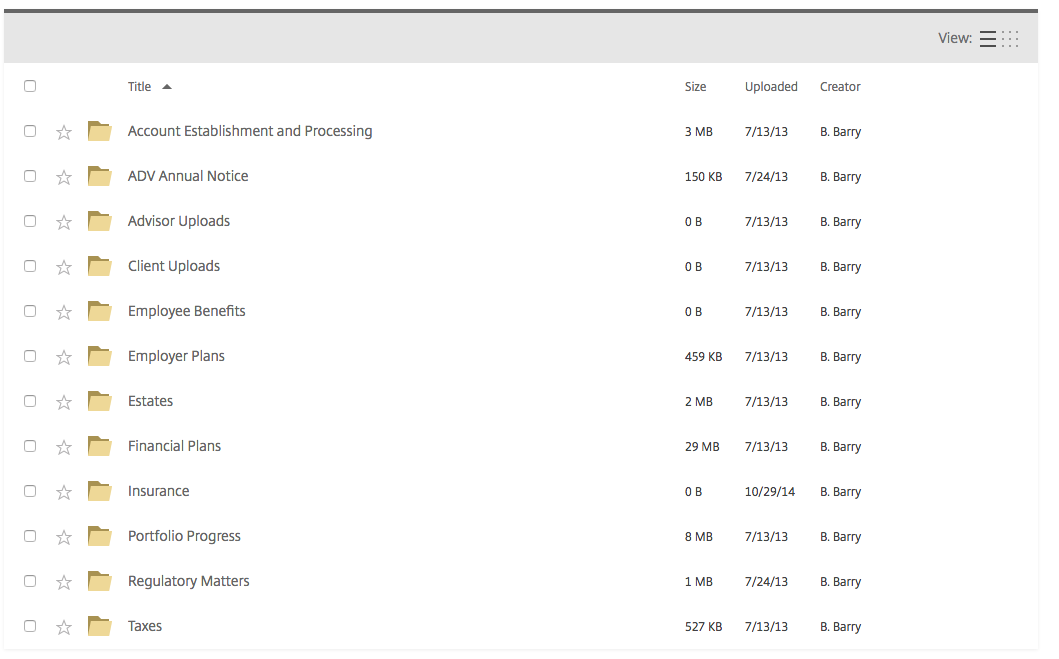 The screenshot above shows that the underlying "folders" are that are typically included in a Client's Private Page on the Client Vault
