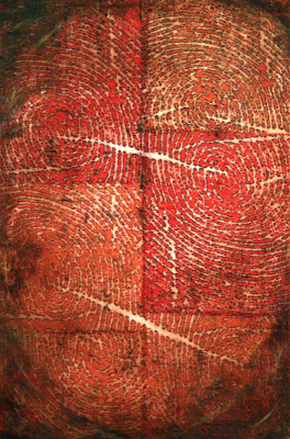 Lisa Bick, Born Identity (2012). Encaustic, silkscreen, and oil on panel. 24 x 16 in.