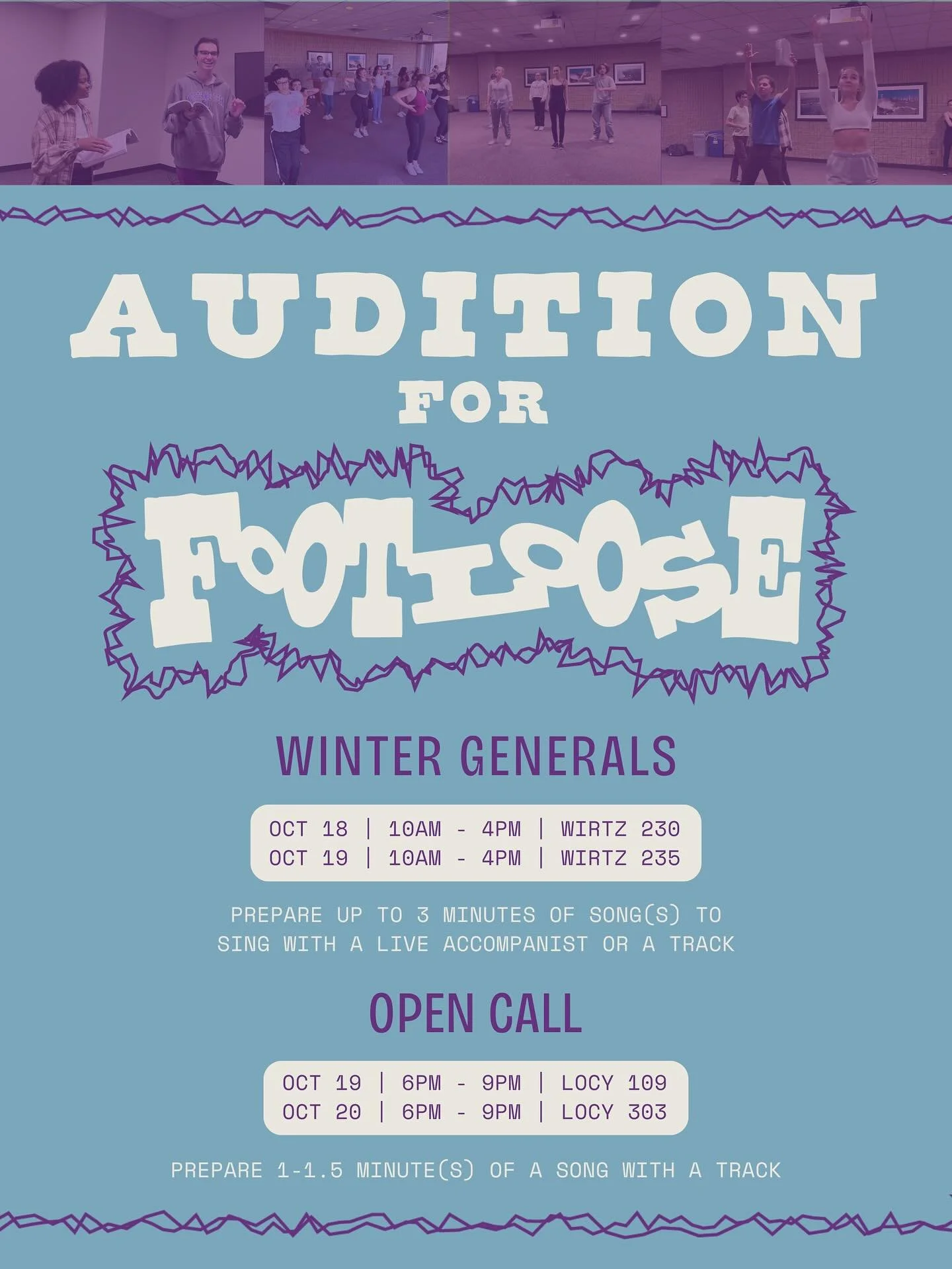Come audition for FOOTLOOSE!🌟🎭 Come to Winter Generals this weekend or our Open Call on Sunday Oct 19 and Monday Oct 20 💙 Check out our links in bio for audition info sheet and Open Call sign ups.