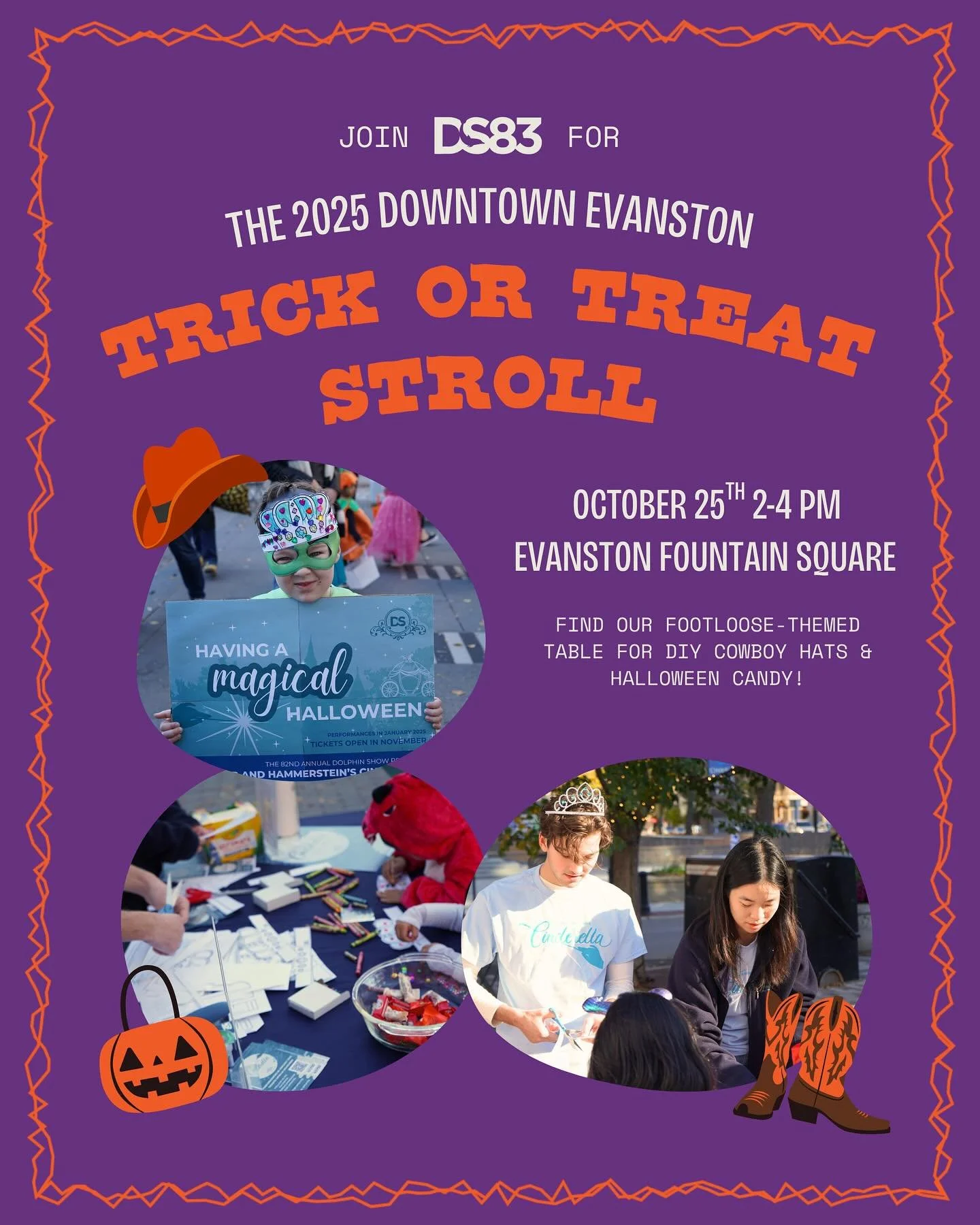 Come find our FOOTLOOSE-themed table at Downtown Evanston’s 2025 Trick Or Treat Stroll this Saturday! Decorate your own cowboy hats and grab some halloween candy 🎃🐬