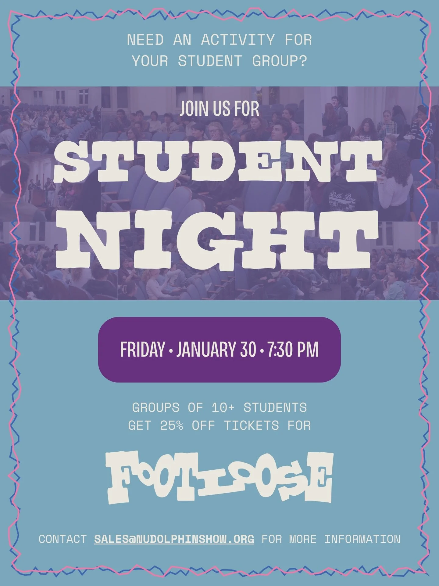 Calling all student groups! Come to our Student Night performance on Friday, January 30, 2026 at 7:30 PM. Bring a group of 10+ students and get 25% off tickets for this performance ONLY! Email sales@nudolphinshow.org for more info.

#northwestern #ev