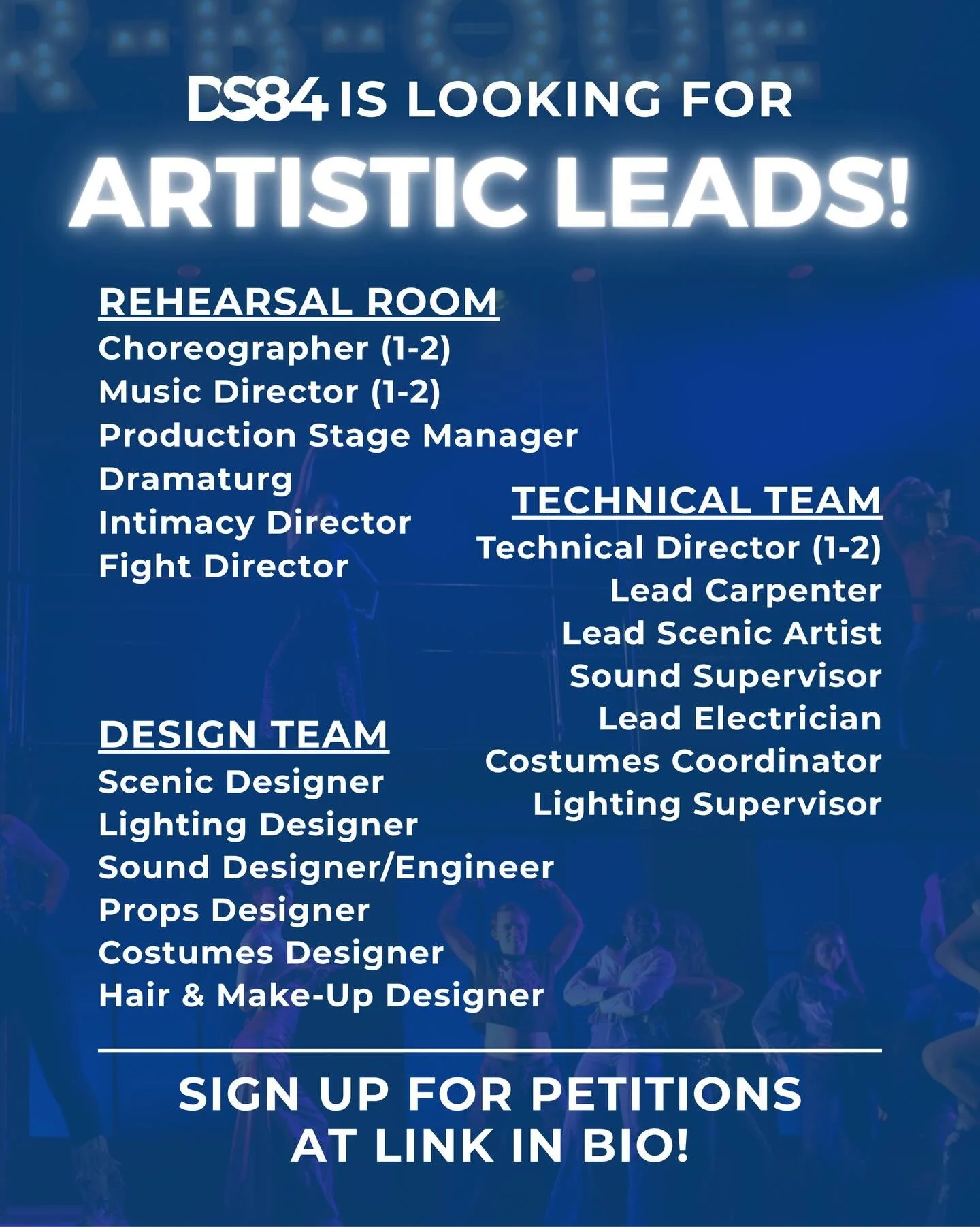 Calling all artistic leads 📣&hellip;we want YOU to join the DS84 Team! Petitions are happening Wednesday-Friday THIS WEEK, so sign up now at the link in our bio! 🐬😄

Read more about each position at the link, and please reach out to producers@nudo