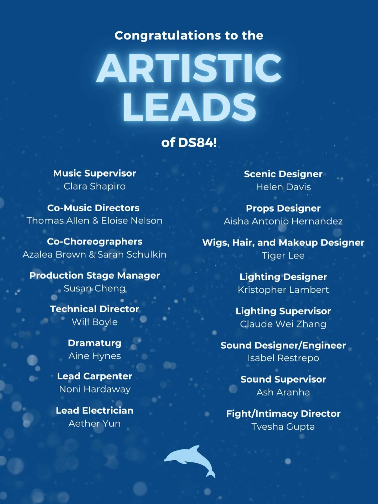 Congratulations to the ARTISTIC LEADS of the 84th annual Dolphin Show!