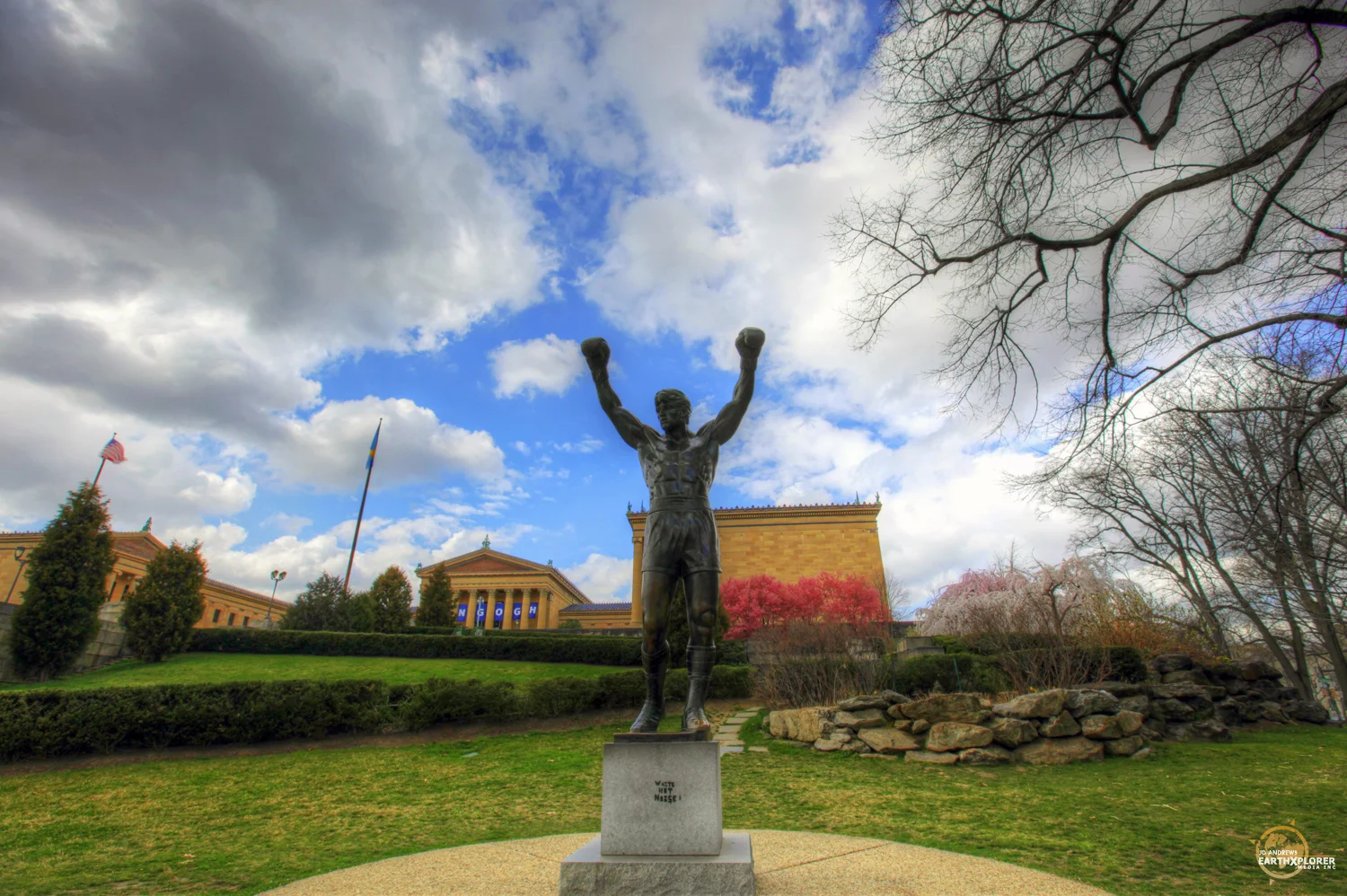 The 2-ton, 10-foot-tall bronze statue of Rocky was created by A. Thomas Schomberg and is located at the bottom of the stairs at the Philadelphia Museum of Art.