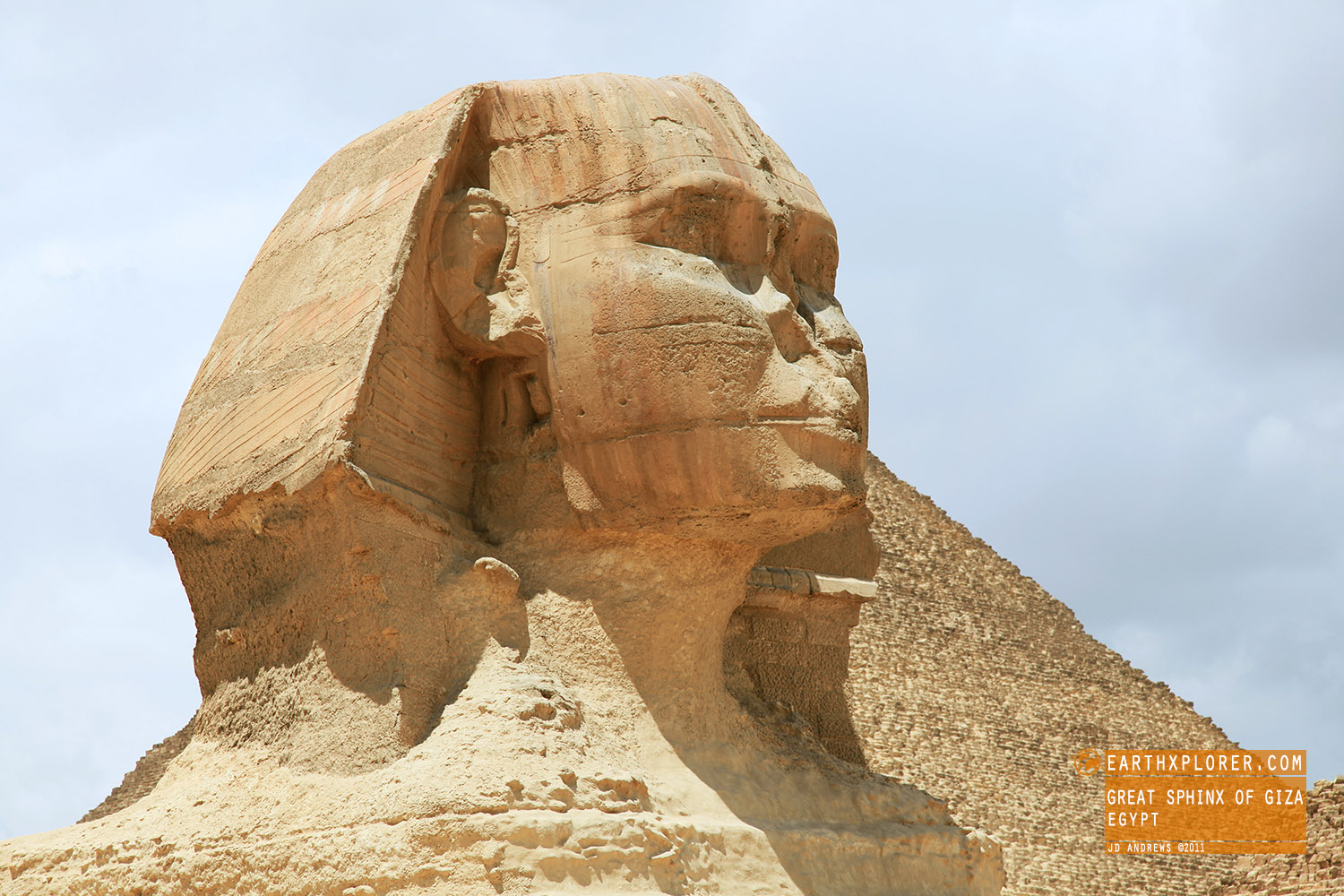 Located on the Giza Plateau on the west bank of the Nile in Giza, Egypt. The face of the Sphinx is generally believed to represent the face of the Pharaoh Khafra.