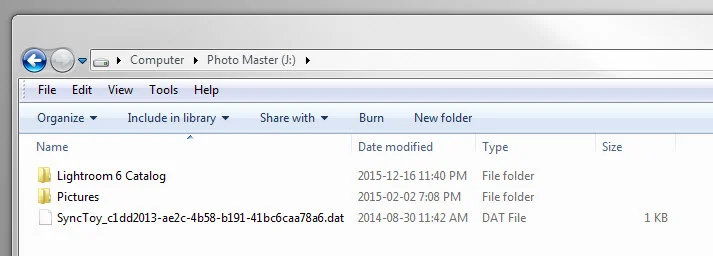 The contents of the top-level of my photo master external hard drive (J:).