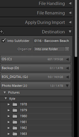ADOBE LIGHTROOM'S IMPORT DIALOG: Destination PANEL