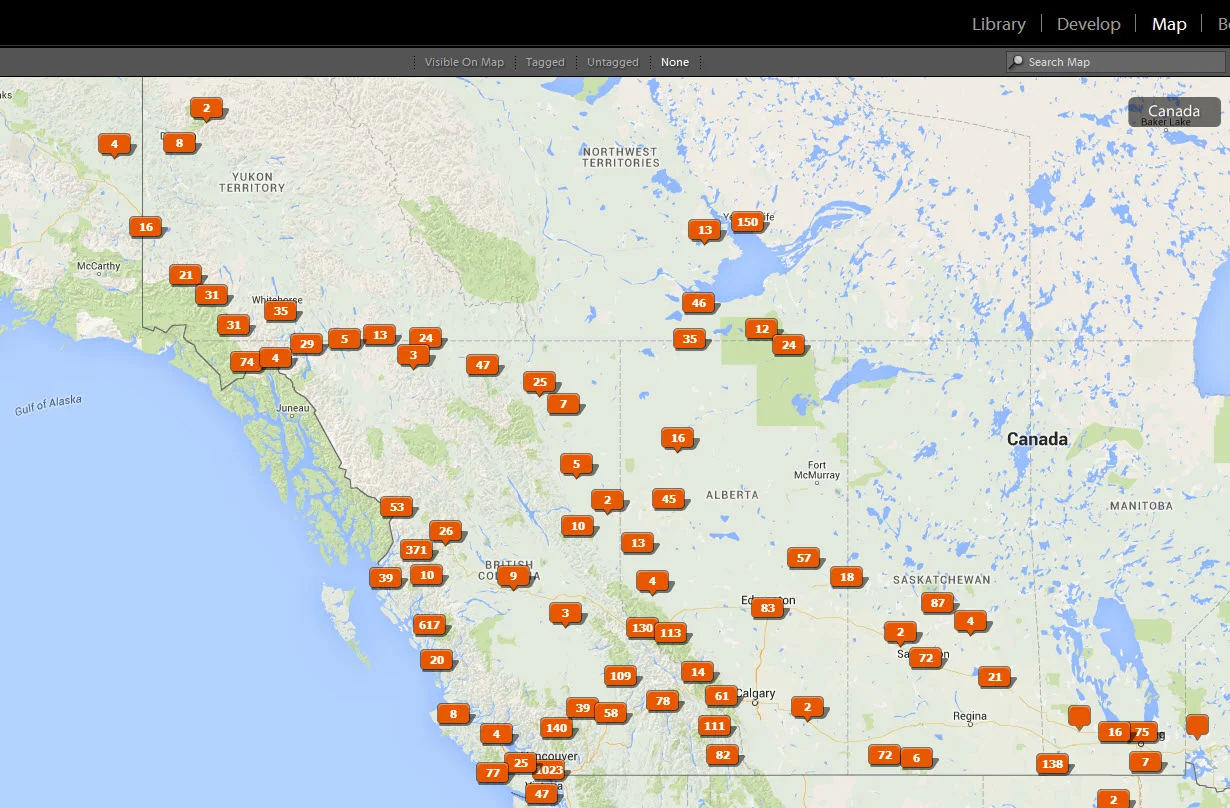 LIGHTROOM'S MAP MODULE, SHOWING WHERE MY IMAGES WERE TAKEN in western Canada and the Territories