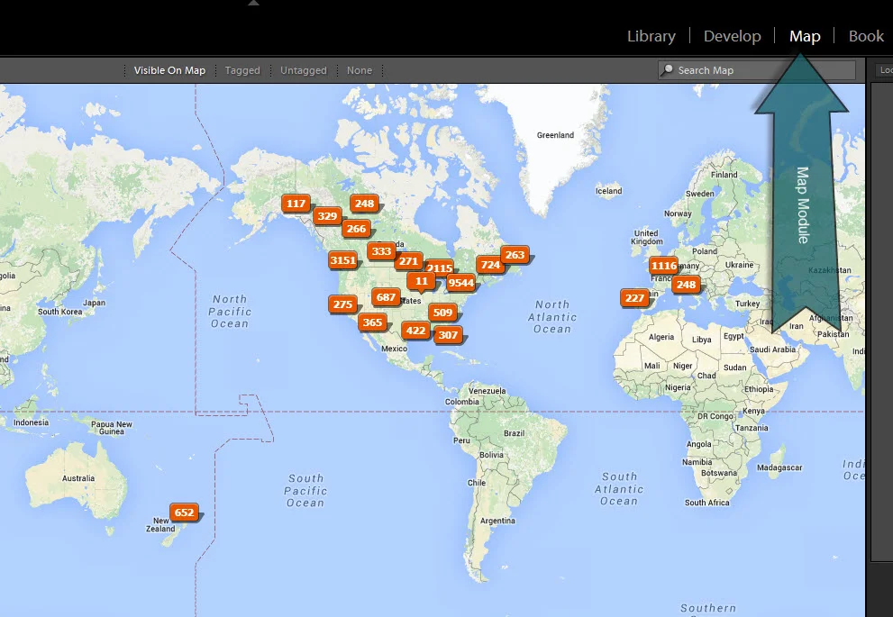 Lightroom's Map module, showing where my images were taken