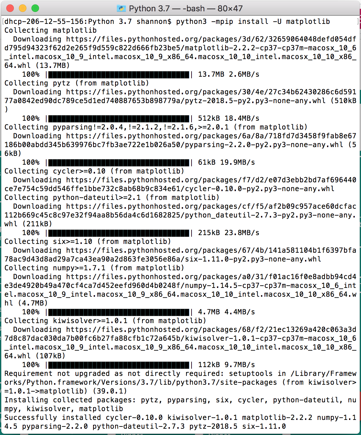 Screenshot: Installing Matplotlib on Mac OS