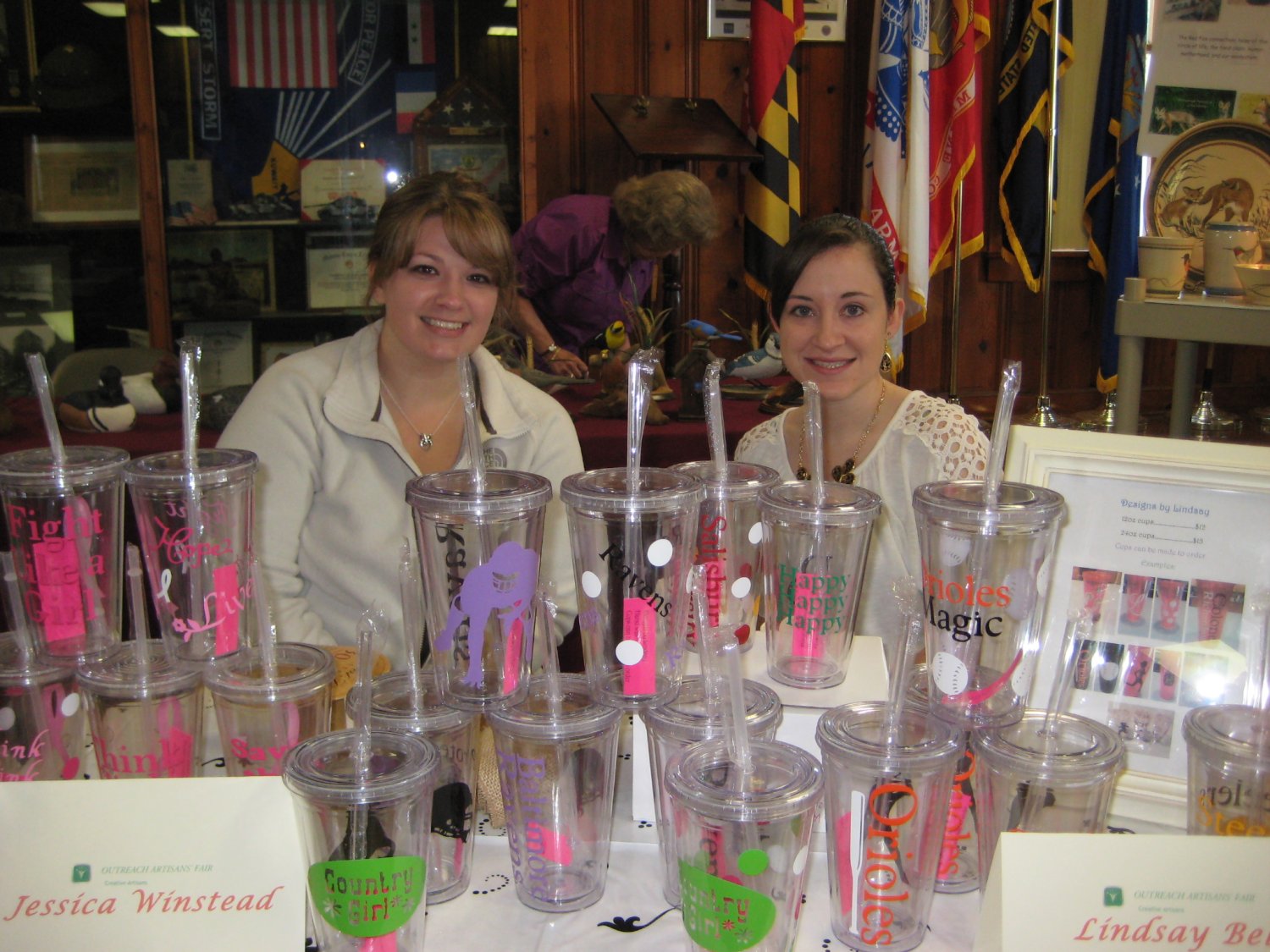  Jessica Winstead sold handcrafted wreaths (not shown), and Lindsay&nbsp; Bell offered her handpainted tumblers.  