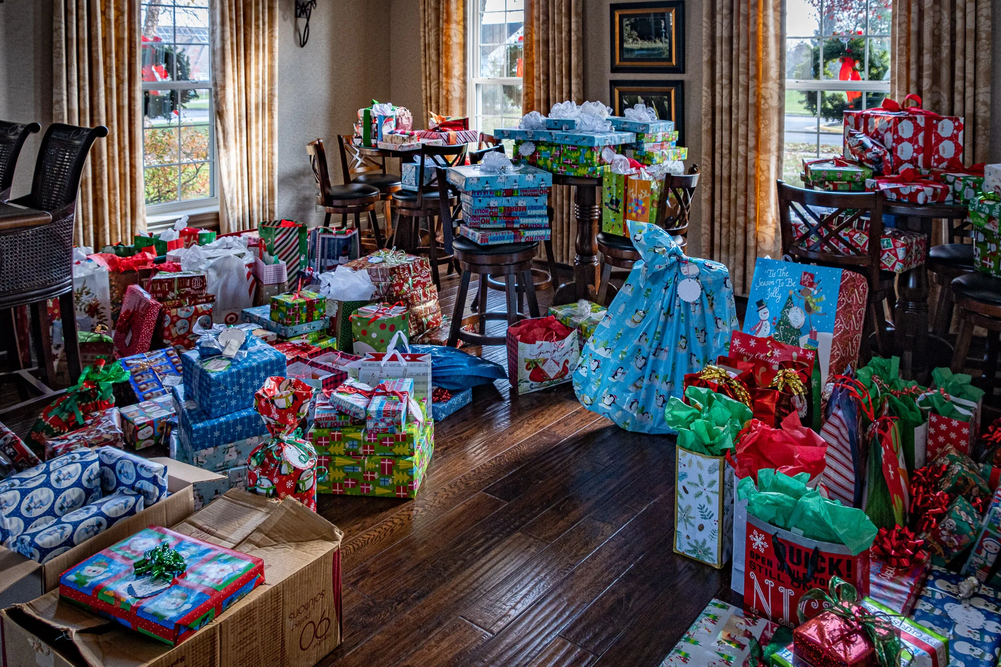 Gifts collected by the neighborhood for those in need.
