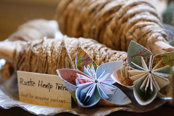 Bundles of hemp twine and Erica's handmade flowers