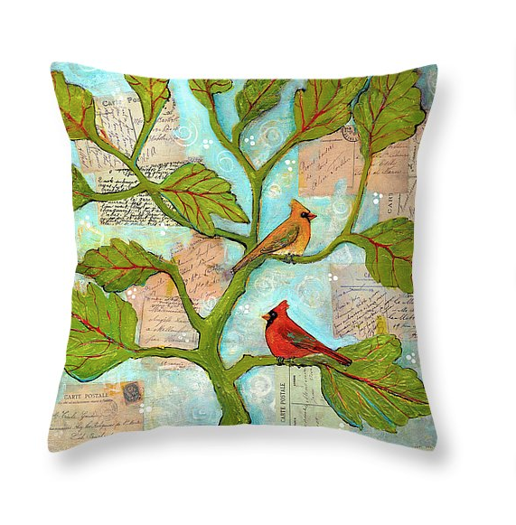 Cardinal Love Notes Throw Pillow by Blenda Tyvoll