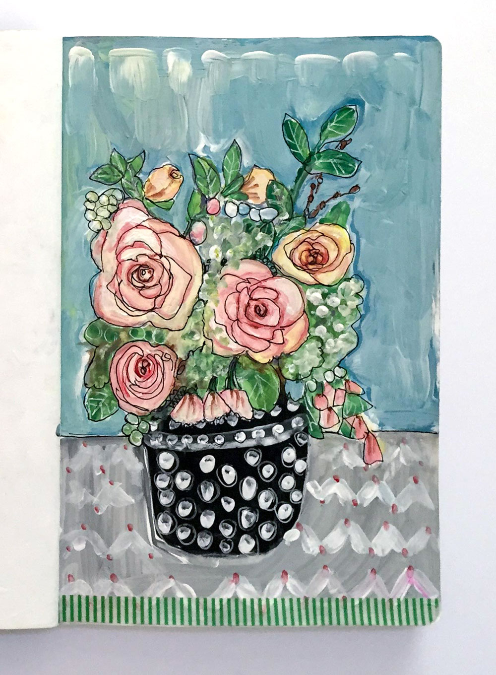 Bouquet of Pink Flowers in a Black Polka Dot Vase