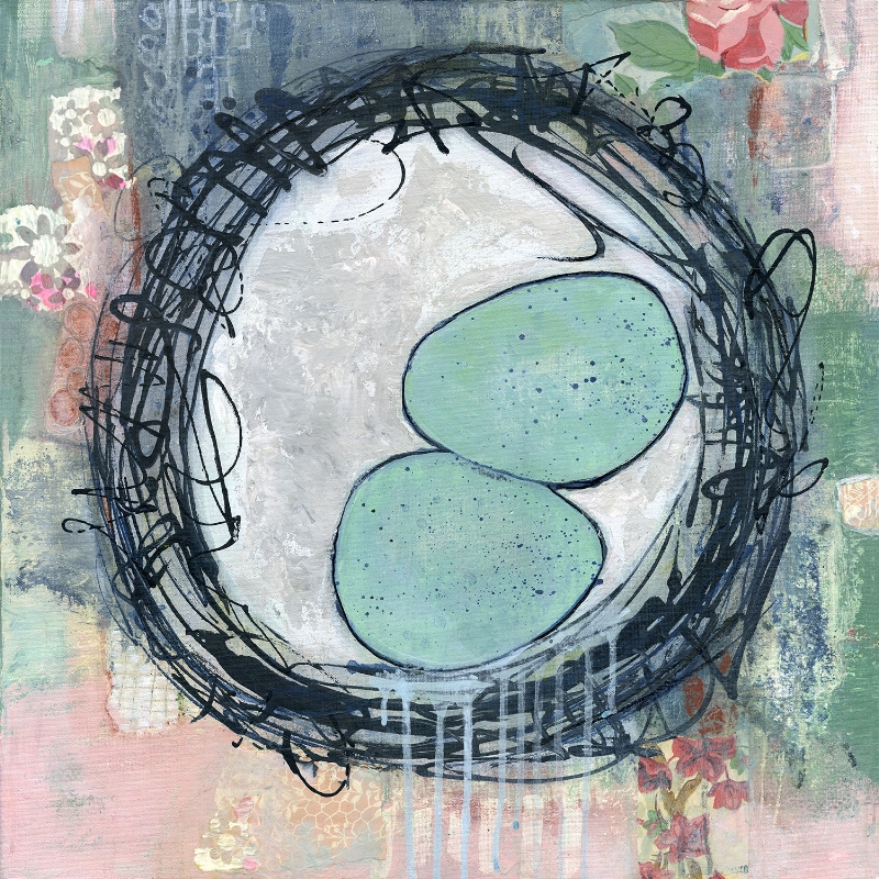 bird's nest painting with two teal eggs inside by Blenda