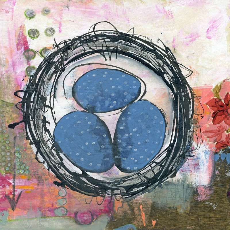 painting of a birds nest with three blue eggs