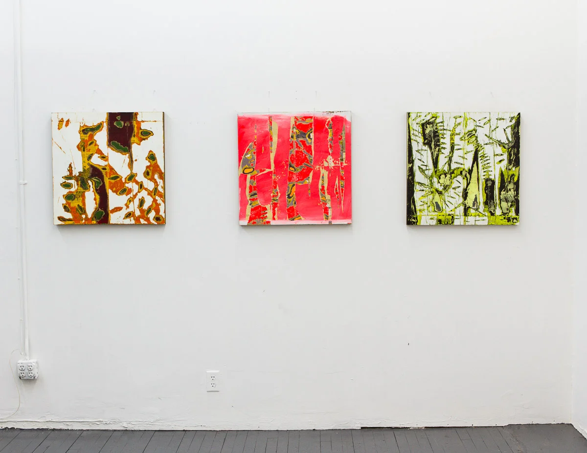 Dogs Of War , 2010, 24x24 in Pink Wall, 2010, 24x24 in WMDs, 2010, 24x24 in Acrylic and newsprint on wood panel 