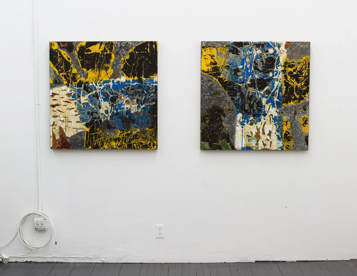   Path Of Destruction , 2011, 2 36x36 in panels  Acrylic and newsprint on wood panel &nbsp;  ​ 