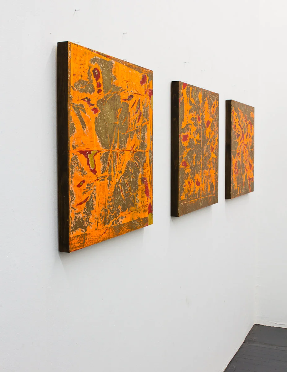   Crumpled Memories,  2011, 3 (of 5) 24x24 in​ panels  Acrylic and newsprint on wood panel &nbsp;   ​ 