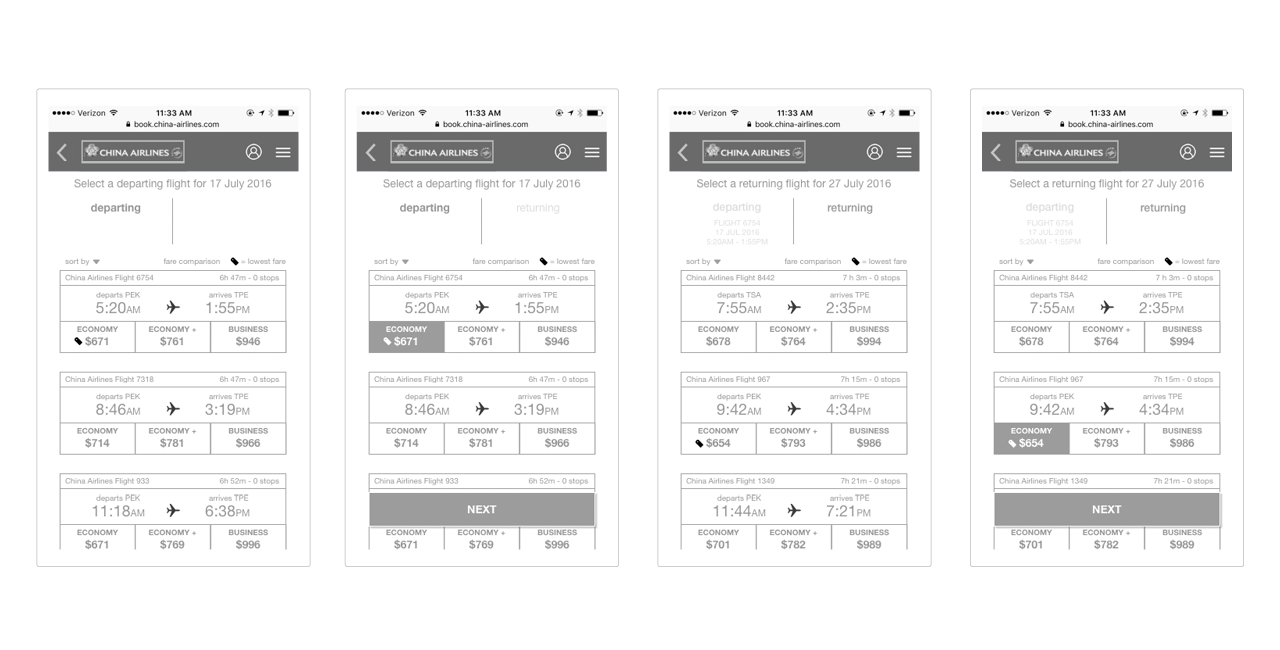 The second iteration incorporates a "Next" Button that pops up when you select a flight. This provides a clear delineation between the departing and returning flight selection. There's also a panel at the top of the screen that shows your selections. 