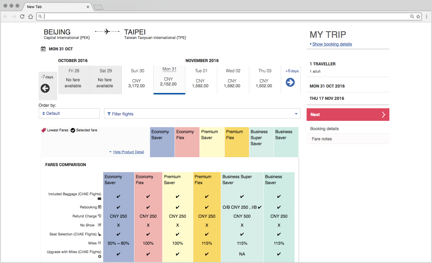 Upon reaching the flight selection screen, you’re bombarded with a breakdown of fare details. This should clearly be collapsed by defaut, and the various flights should be the focus here. It’s also worth noting that the “My Trip” summary does not float while you scroll down through options. 