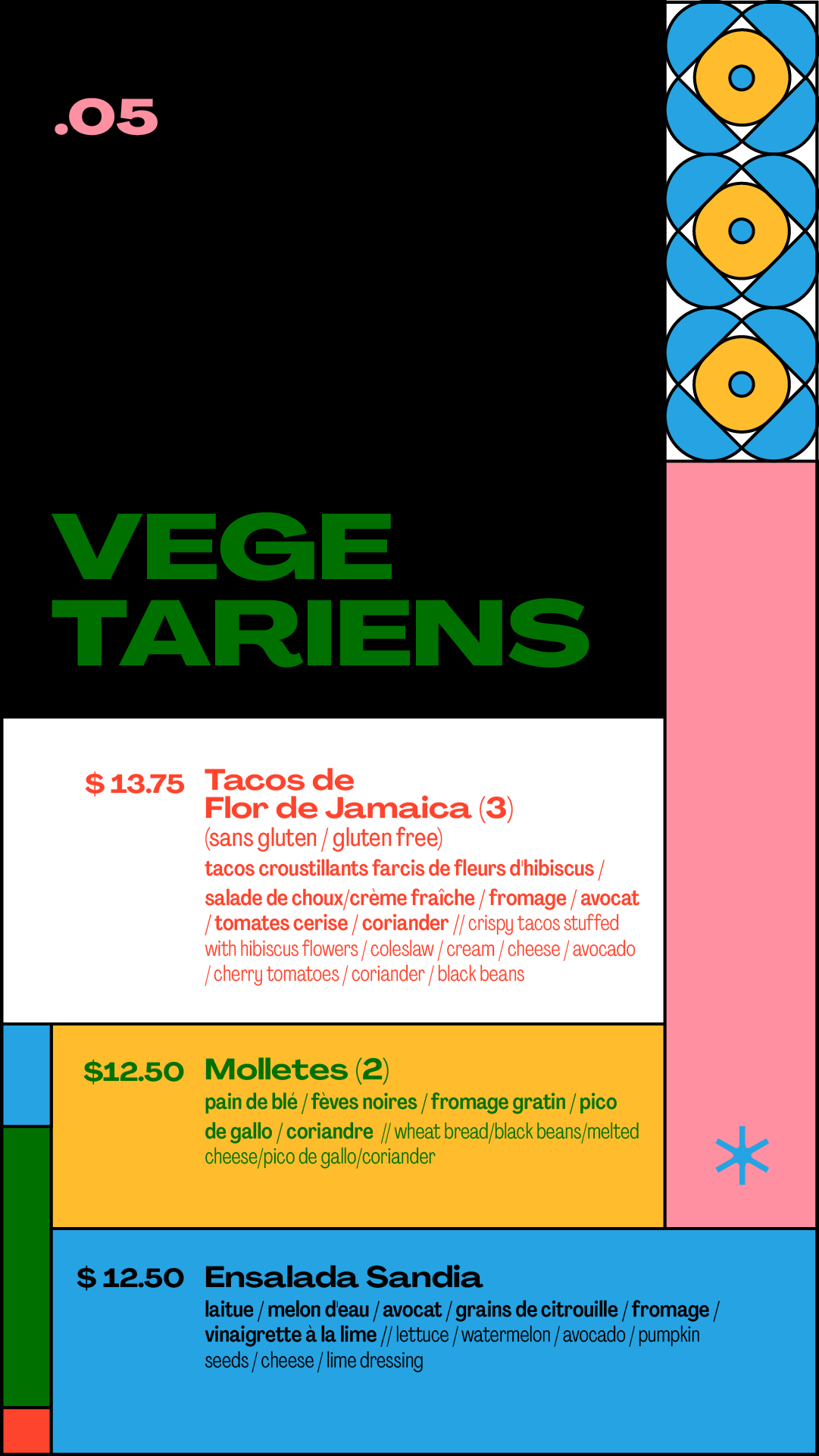 tacos de flor de jamaica / molletes / ensalada sandia