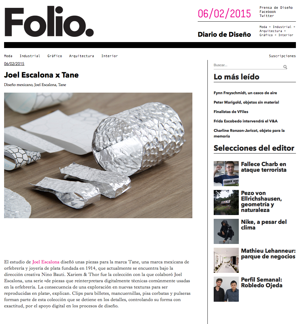 Our TANE collaboration featured in Folio digital design magazine.