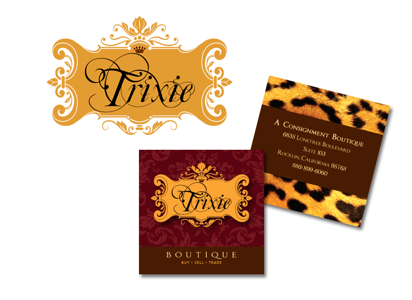  Logo and business card design for Trixie Boutique, a local small business consignment boutique in Rocklin, California. 