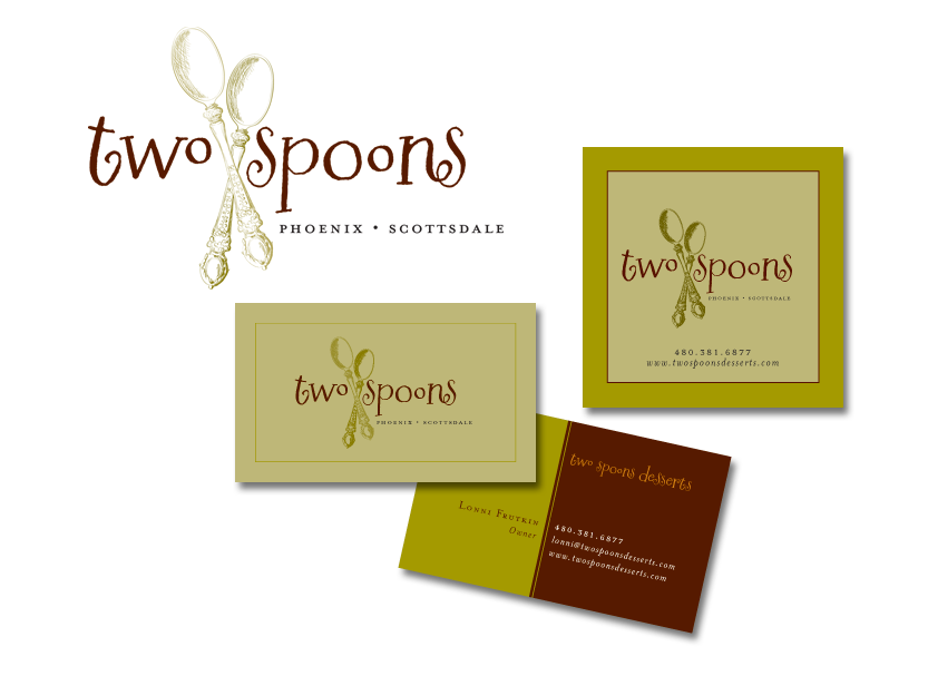 Complete identity package design for Two Spoons includes logo, business cards and bakery box labels.