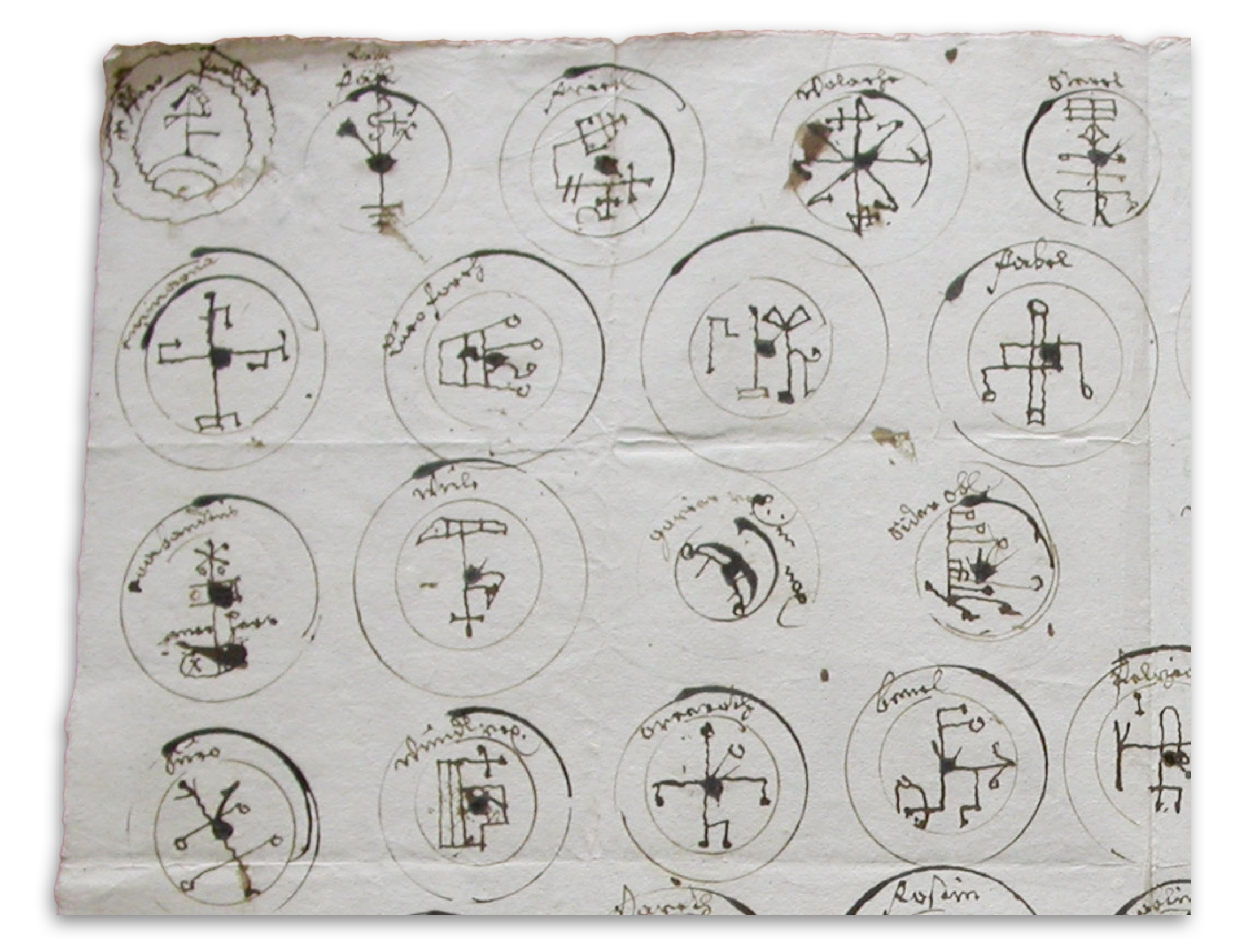 [close up, top left] 72 Devil's Seals from the trial records of Ludwig Perkhofer, 1683