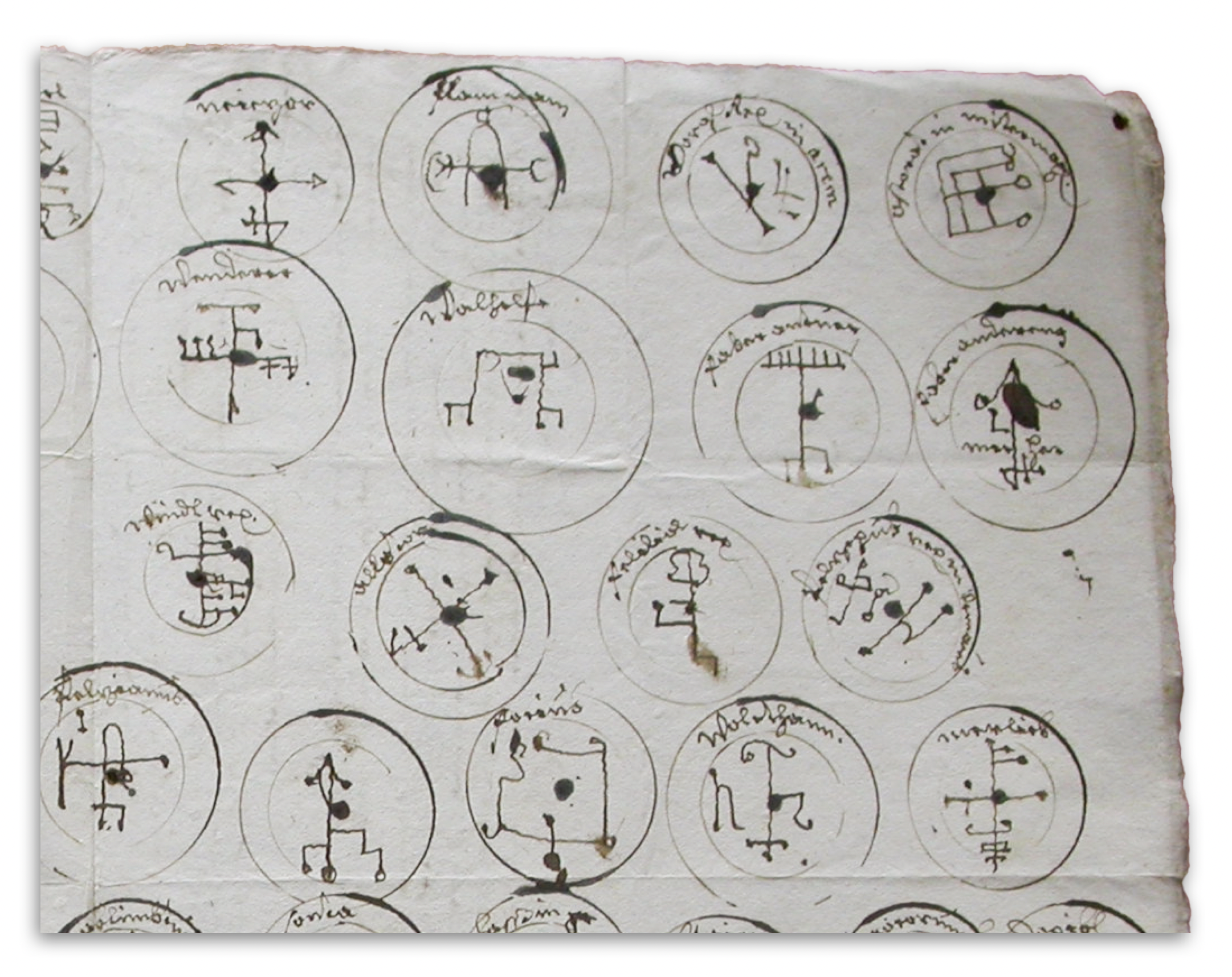 [close up, top right] 72 Devil's Seals from the trial records of Ludwig Perkhofer, 1683