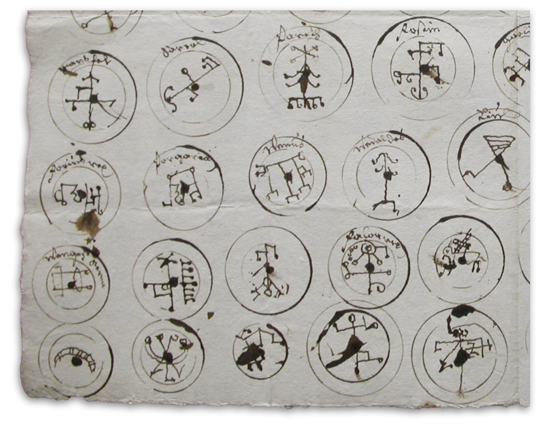[close up, bottom left] 72 Devil's Seals from the trial records of Ludwig Perkhofer, 1683