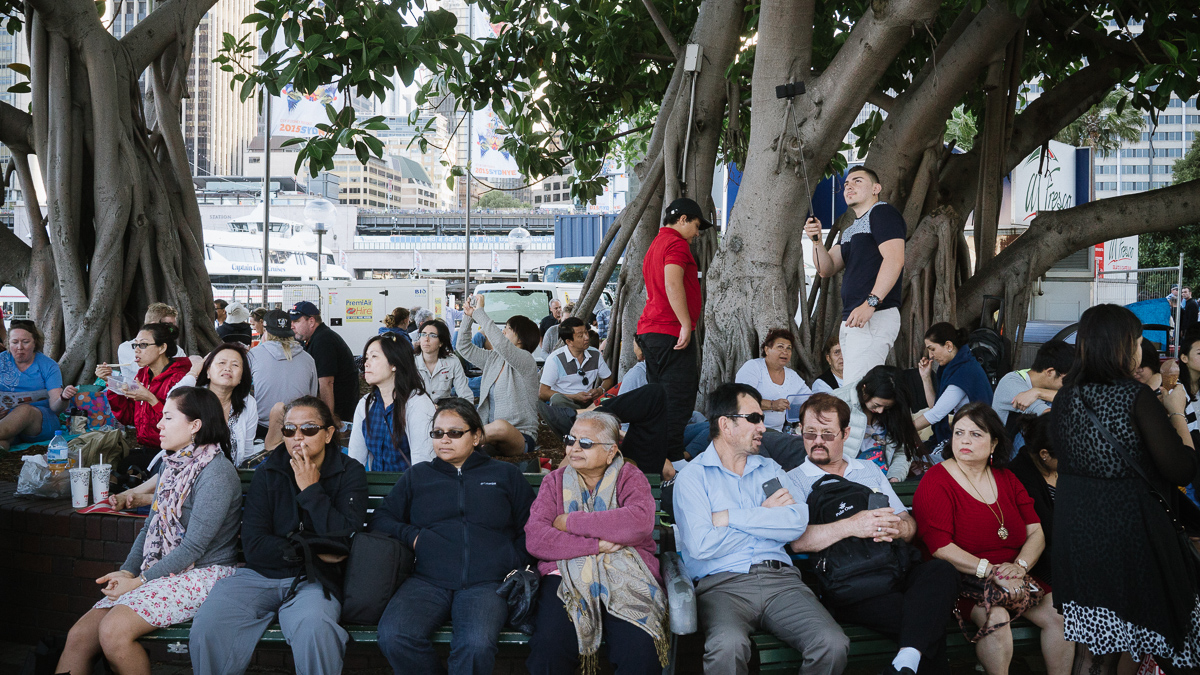 It pays to be early to get a bench at Circular Quay.
