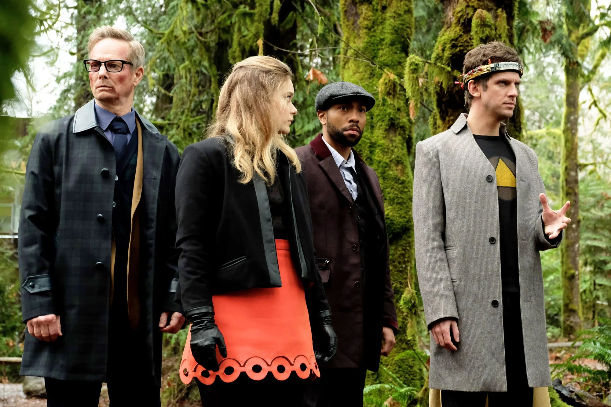 LEGION -- "Chapter 8" – Season 1, Episode 8 (Airs Wednesday, March 29, 10:00 pm/ep) -- Pictured: (l-r) Bill Irwin as Cary Loudermilk, Rachel Keller as Syd Barrett, Jeremie Harris as Ptonomy Wallace, Dan Stevens as David Haller. CR: Michelle Faye/FX
