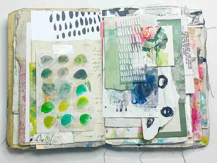 Art journal page spread with greens