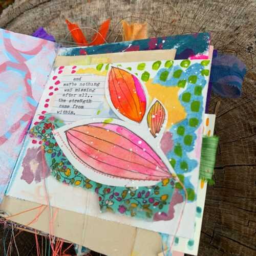 Art journal  by Kristi Nazzaro with pink and red leaves (Copy)