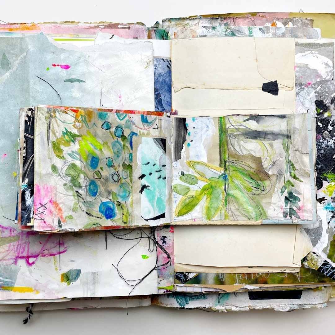 Mixed media art collage in mini journal